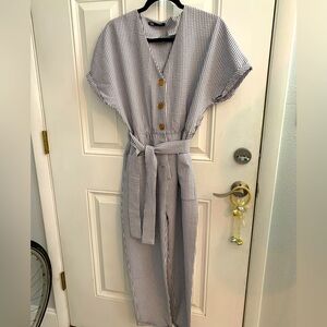Zara Navy and White Striped Jumpsuit